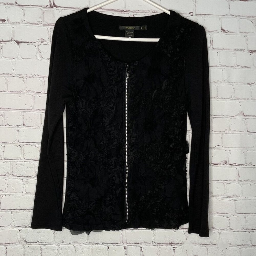 Radzoli‎ Black 3D Rag Flower Full Zip Cardigan Jacket Women M China